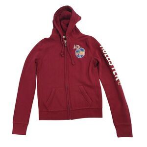Hollister Full Zip Hoodie Red Embroidered Spellout Graphic Patch Size L